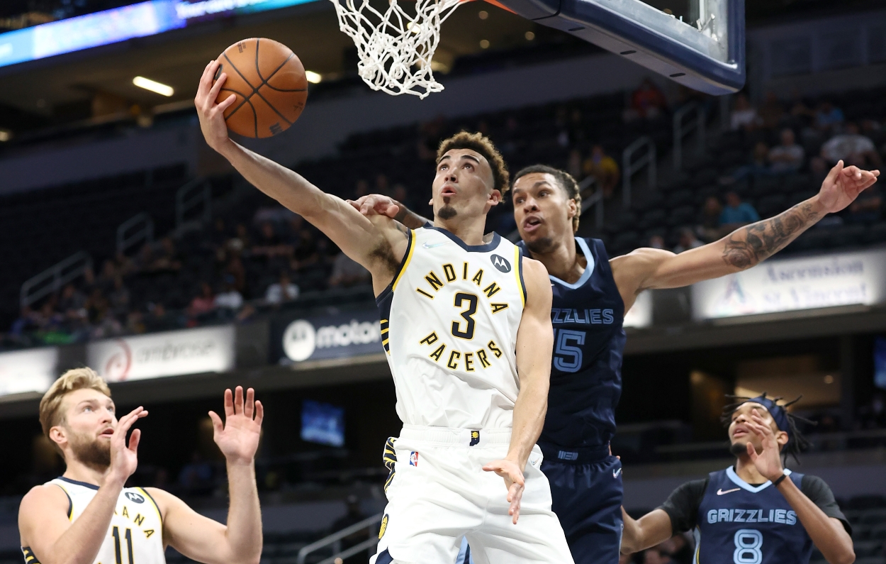 Indiana Pacers rookie Chris Duarte goes for a reverse layup.