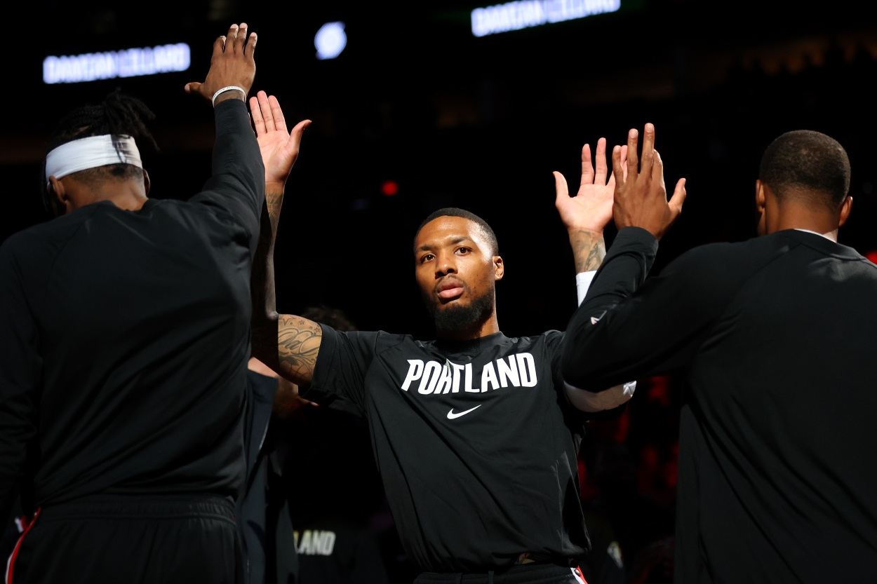 Damian Lillard of the Portland Trail Blazers goes through pregame introductions.