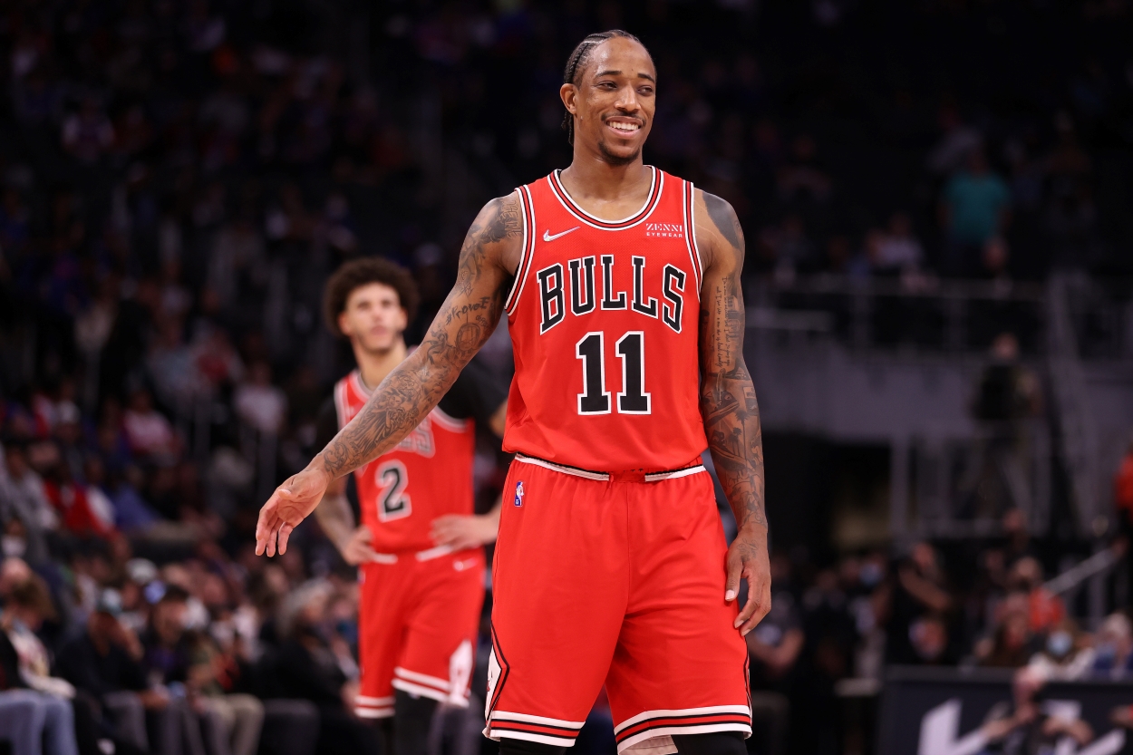 DeMar DeRozan of the Chicago Bulls smiles on the court.