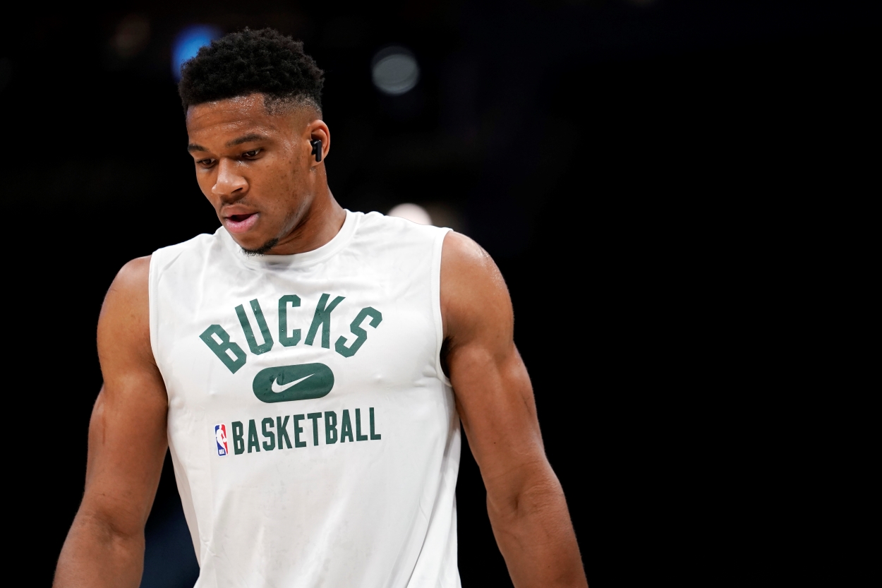 Giannis Antetokounmpo of the Milwaukee Bucks warms up before a preseason game.