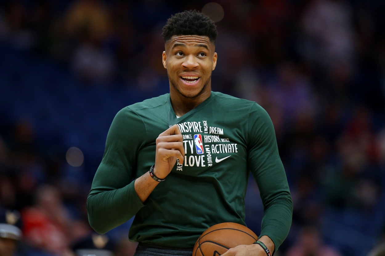 Giannis Antetokounmpo of the Milwaukee Bucks warms up before a game.