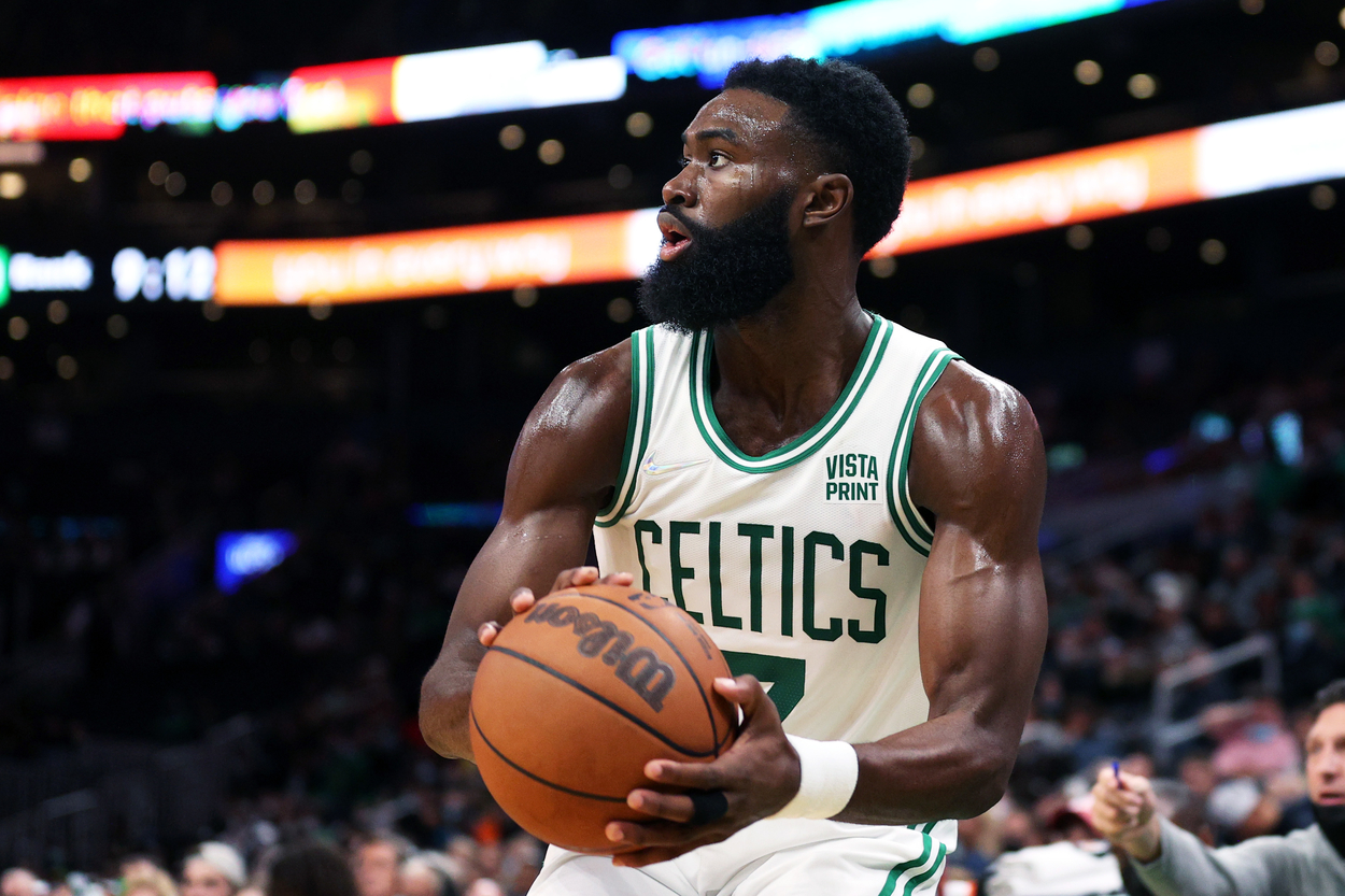 Jaylen Brown of the Boston Celtics takes a shot.