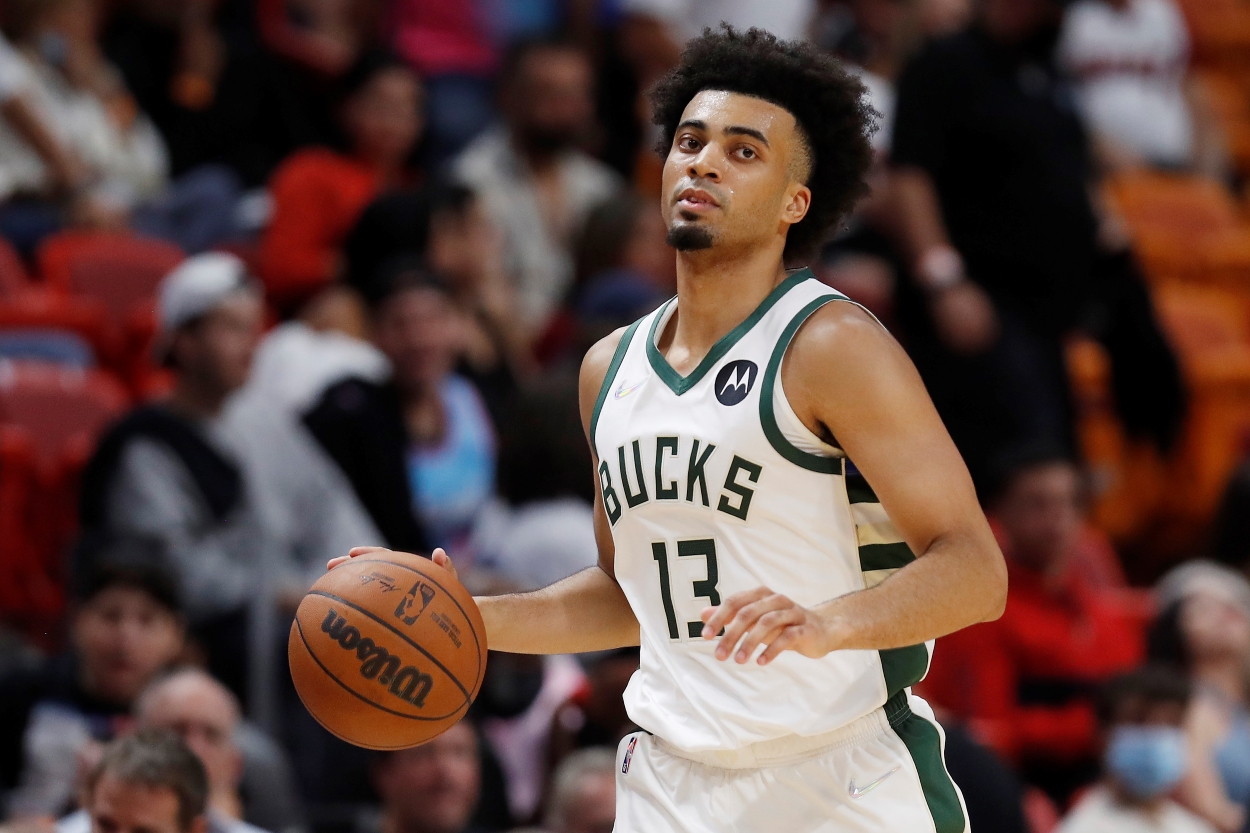 Milwaukee Bucks forward Jordan Nwora brings the ball up the court.
