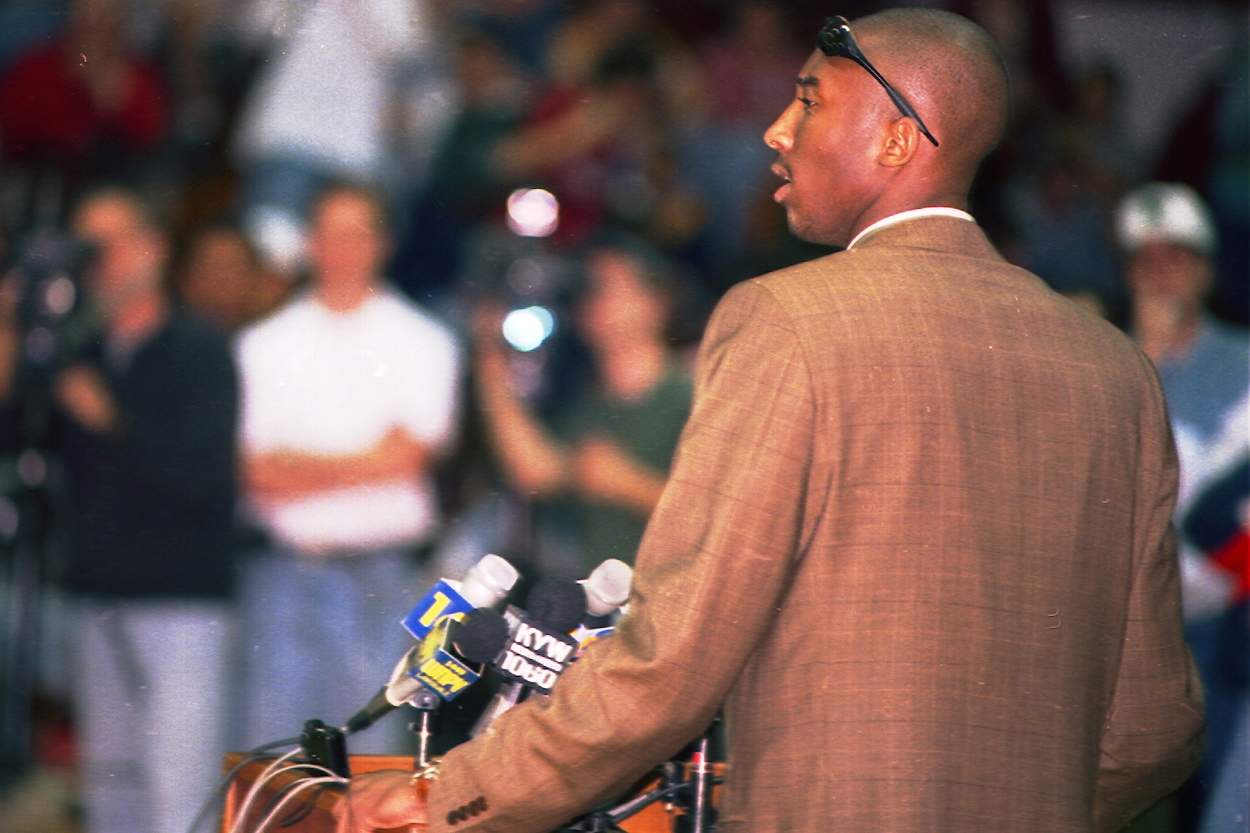 Kobe Bryant informs the world he's going from high school straight to the NBA during a press conference at Lower Merion High School.
