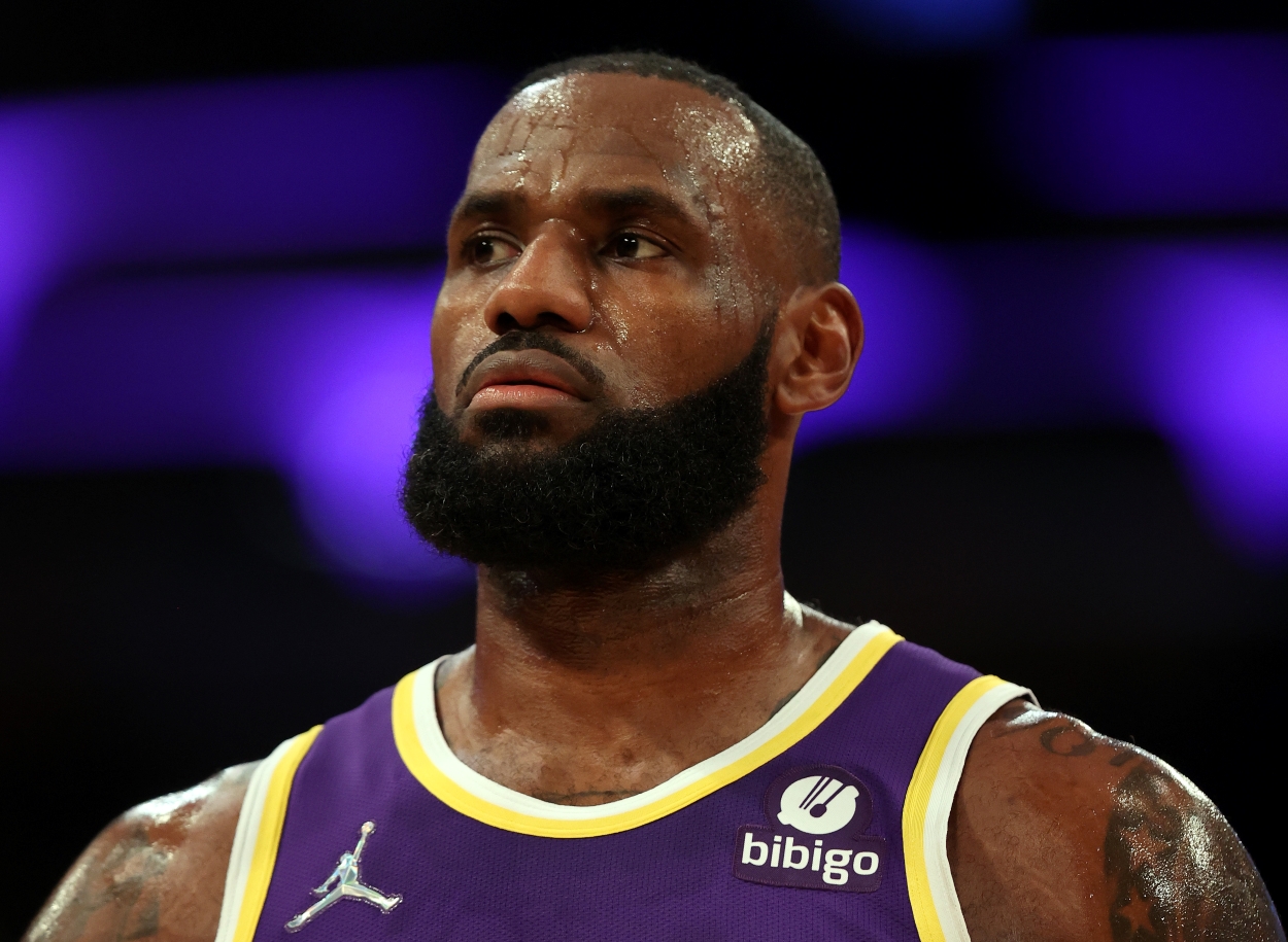 LeBron James of the Los Angeles Lakers looks on during a game.