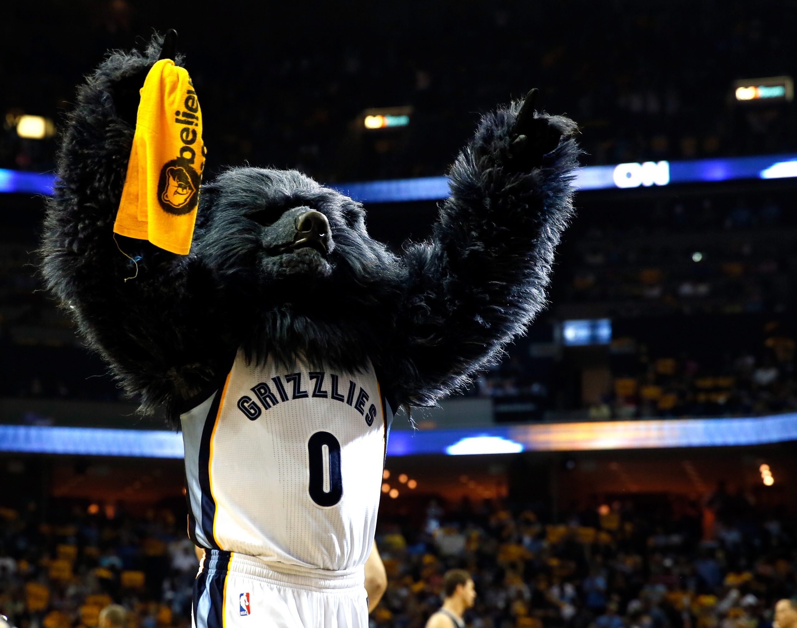 Grizz, the mascot of the Memphis Grizzlies, performs.