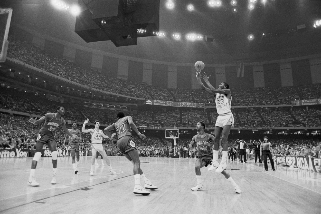 Michael Jordan fires up his iconic jumper to beat Georgetown in the 1982 National Championship Game.