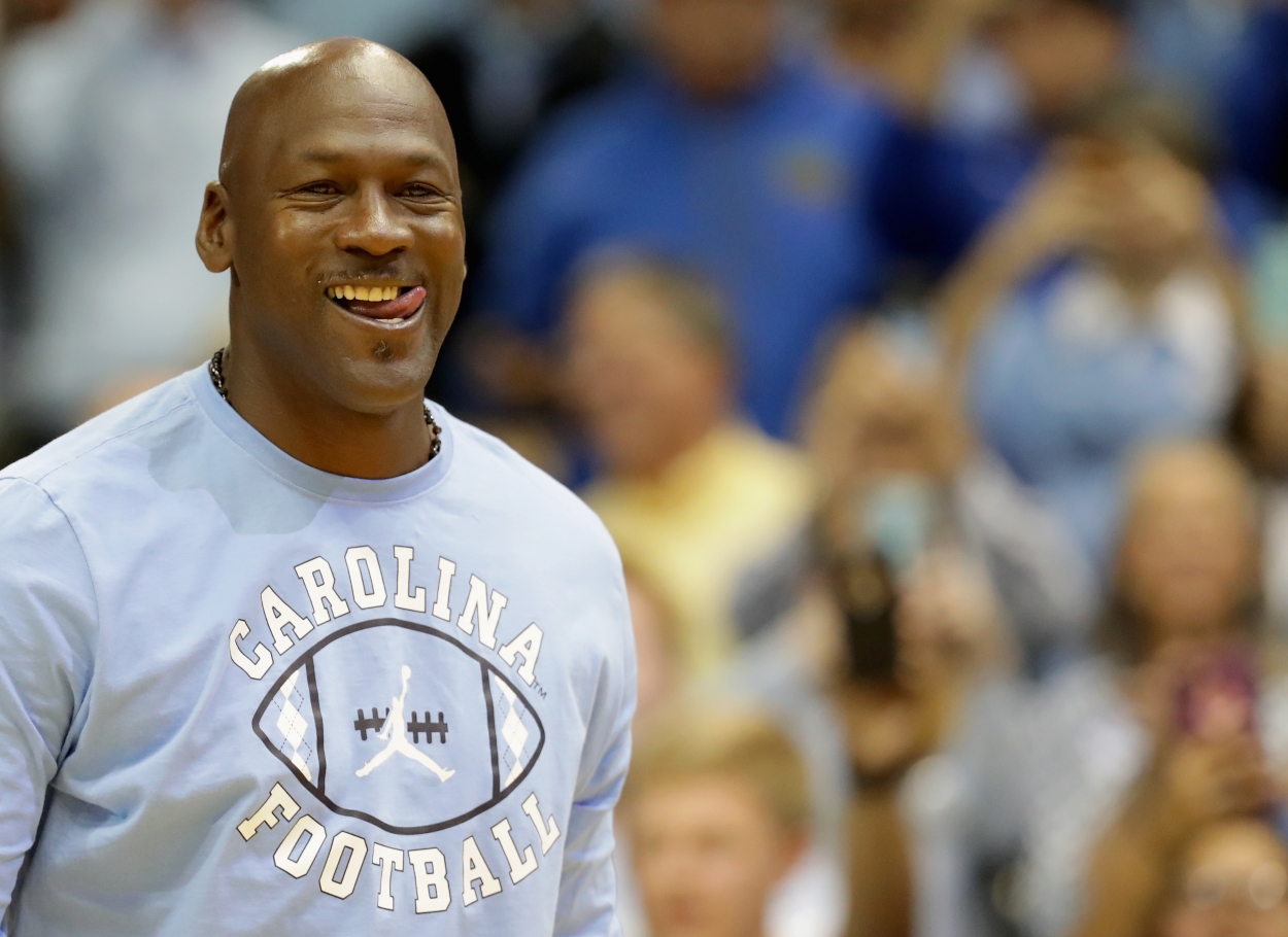 Michael Jordan speaks to the North Carolina crowd at the Dean Smith Center.