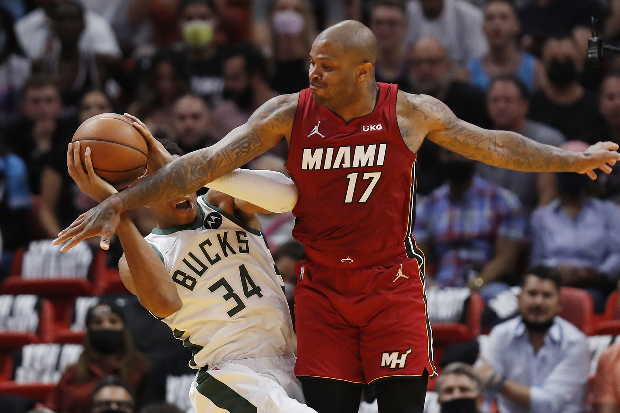 Miami Heat forward P.J. Tucker playing tough defense.