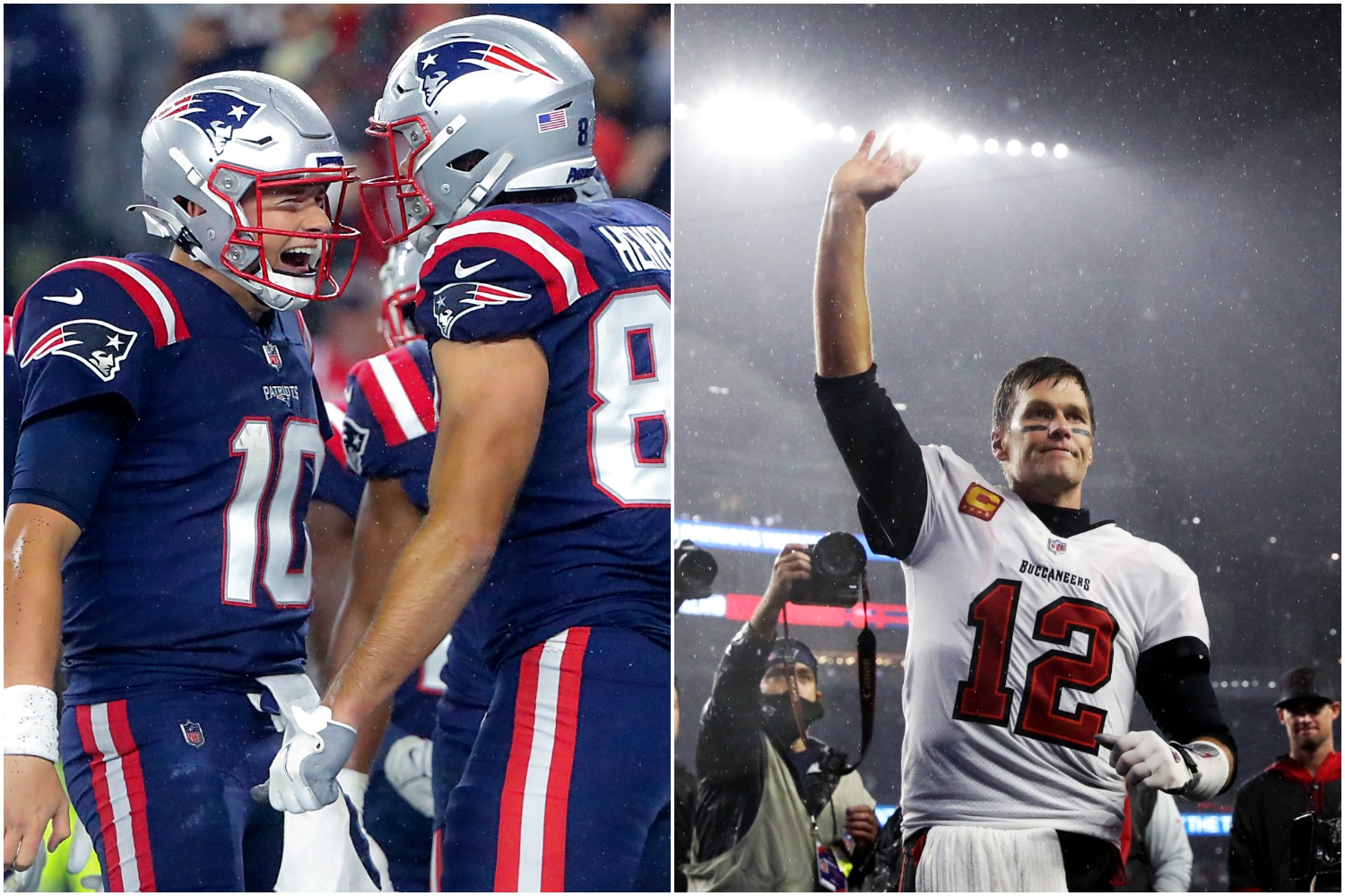 Patriots QB Mac Jones celebrates scoring a touchdown with Hunter Henry while Buccaneers QB Tom Brady waves to the fans as he exits the field at Gillette Stadium.