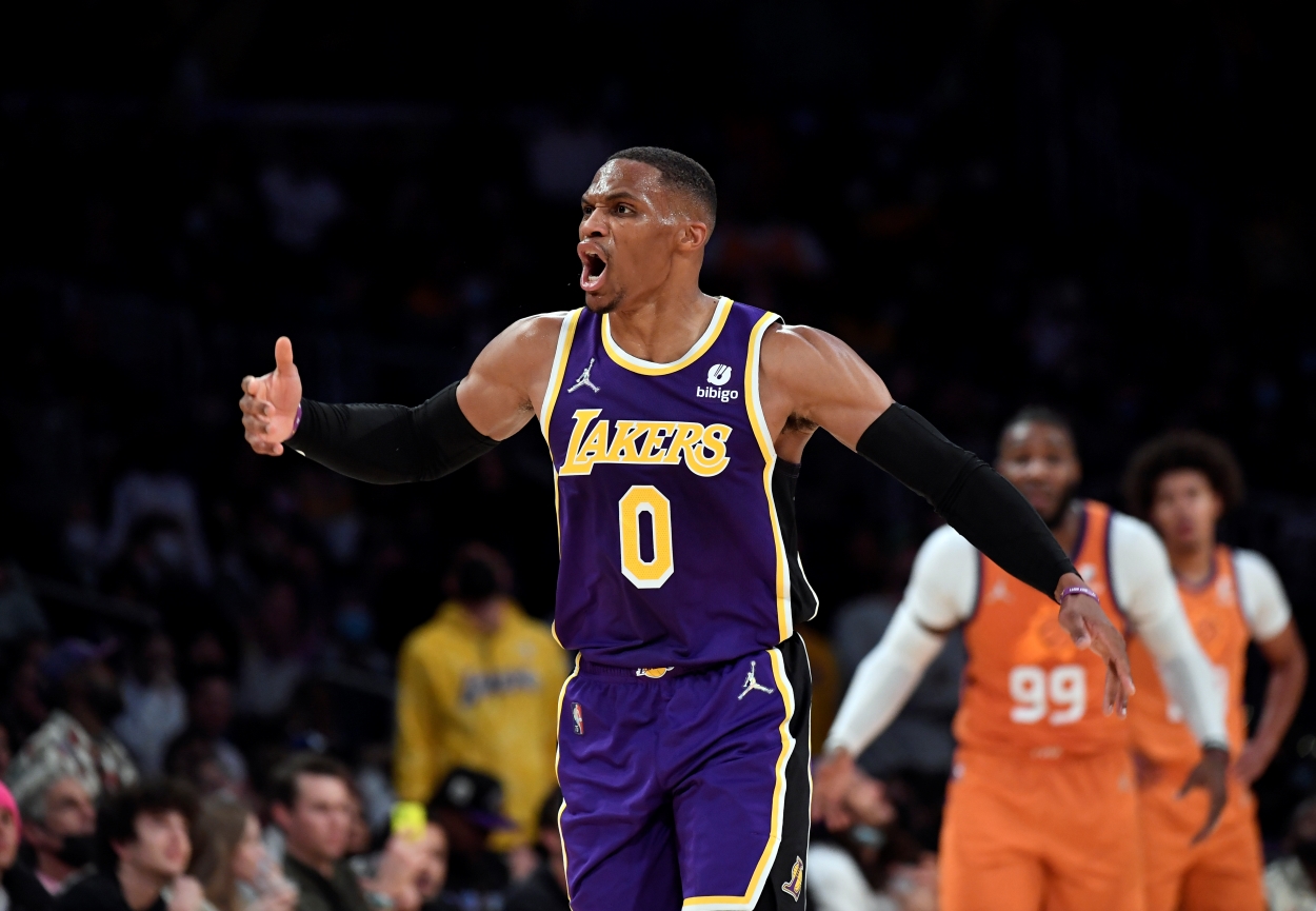 Russell Westbrook of the Los Angeles Lakers argues about a foul call.
