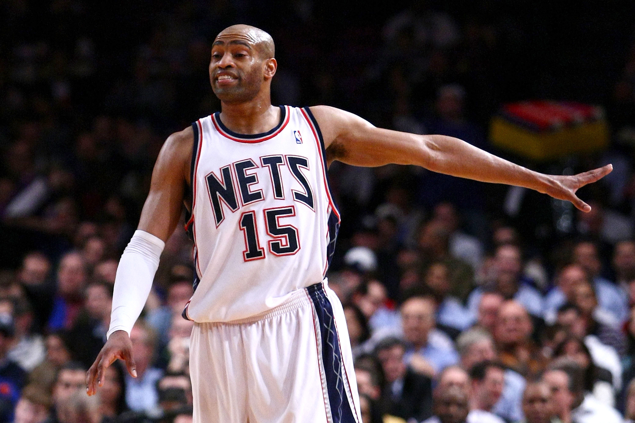 Nets guard Vince Carter yelling out something on the court.