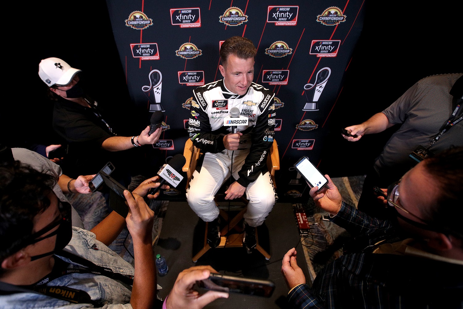 AJ Allmendinger speaks to the media during the 2021 NASCAR Championship 4 Media Day at the Phoenix Convention Center on Nov. 4, 2021. | Getty Images