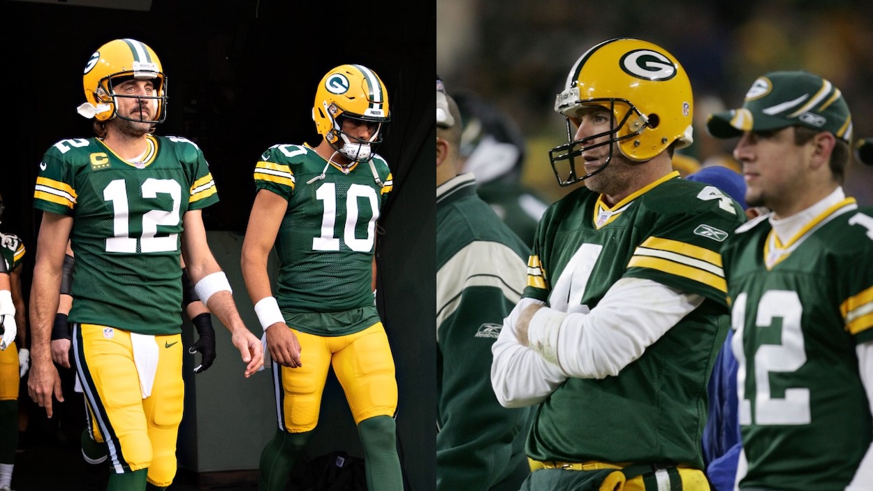 (L-R) Aaron Rodgers and Jordan Love of the Green Bay Packers walk onto the field before a game against the Detroit Lions at Lambeau Field on September 20, 2021 in Green Bay, Wisconsin; Quarterbacks Brett Favre and Aaron Rodgers of the Green Bay Packers watch the final minutes of a game against the Pittsburgh Steelers from the sideline November 6, 2005 at Lambeau Field in Green Bay, Wisconsin.