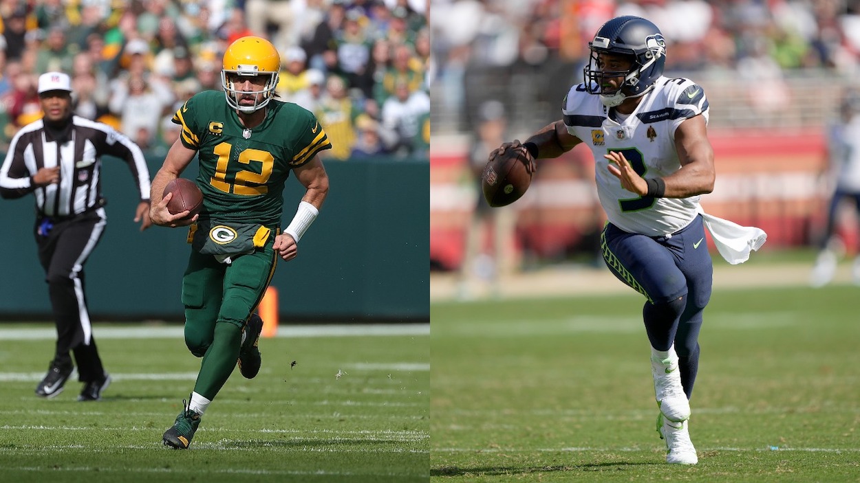 (L-R) Green Bay Packers QB Aaron Rodgers and Seattle Seahawks QB Russell Wilson, who face off in an NFL Week 10 matchup.