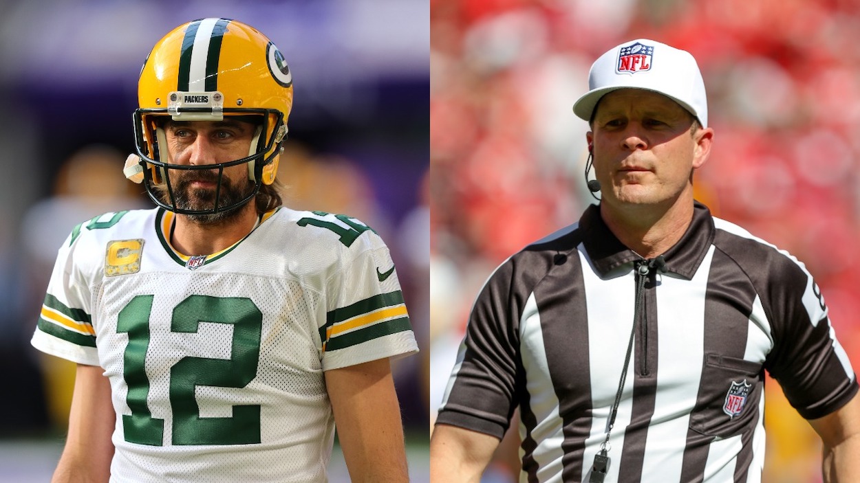 (L-R) Aaron Rodgers of the Green Bay Packers warms up before the game against the Minnesota Vikings at U.S. Bank Stadium on November 21, 2021 in Minneapolis, Minnesota; Referee Shawn Hochuli in the second quarter of an AFC West matchup between the Los Angeles Chargers and Kansas City Chiefs on Sep 26, 2021 at GEHA Filed at Arrowhead Stadium in Kansas City, MO.