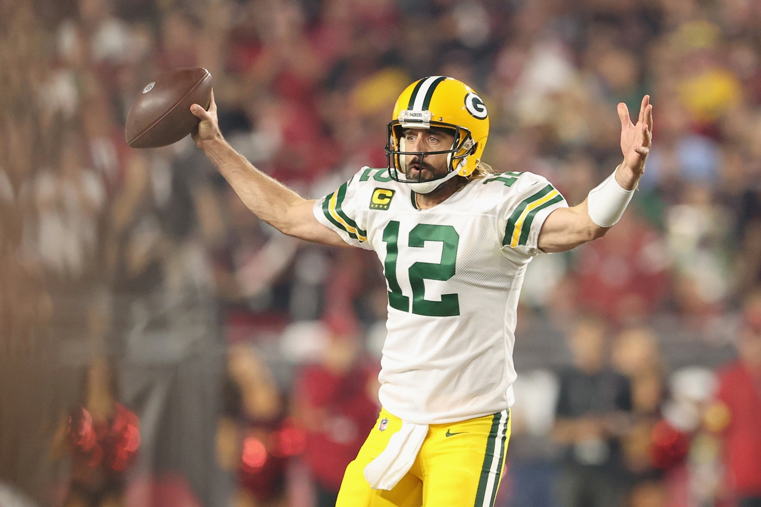 Green Bay Packers QB Aaron Rodgers reacts after a play against the Arizona Cardinals.