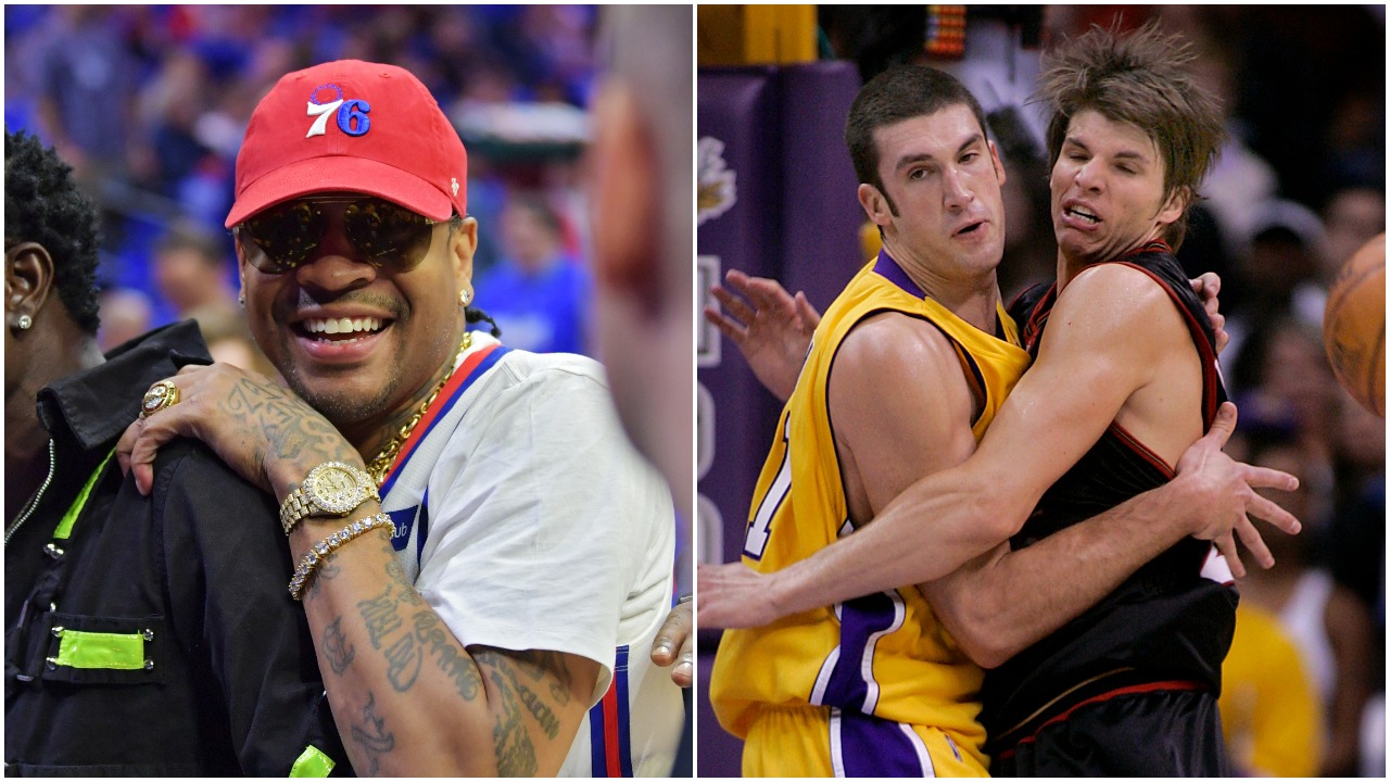 L-R: Allen Iverson attends a Philadelphia 76ers game and former Sixers guard Kyle Korver defends former Los Angeles Lakers big man Chris Mihm
