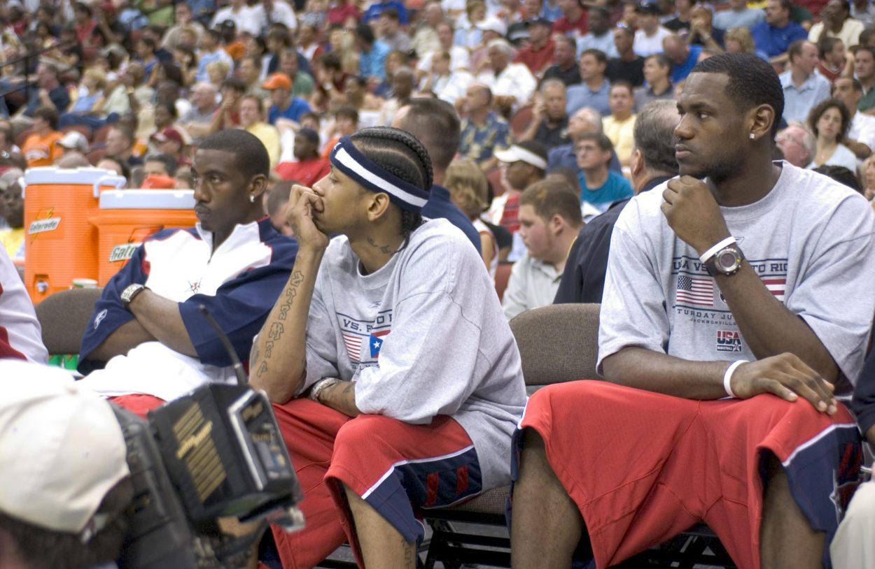 Allen Iverson and LeBron James watch a Team USA exhibition in 2004