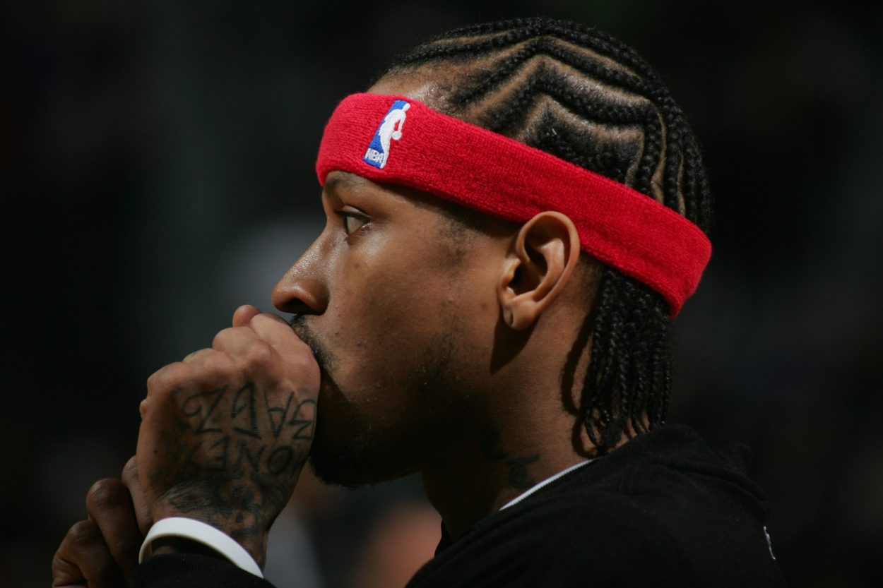 Former Philadelphia 76ers guard Allen Iverson warms up for a game in December 2004