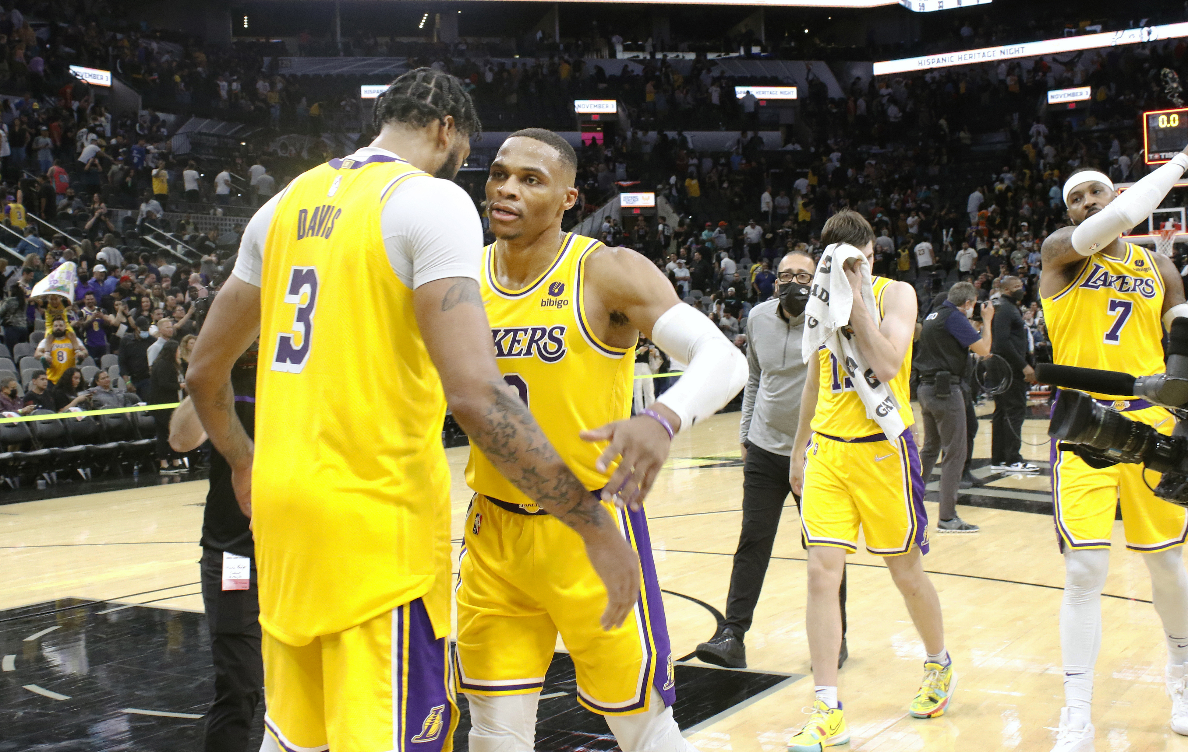 Los Angeles Lakers stars Anthony Davis and Russell Westbrook dap up after a win over the San Antonio Spurs