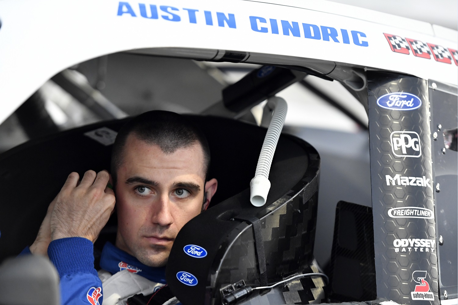 Austin Cindric prepares for the NASCAR Xfinity Series Dead on Tools 250 at Martinsville Speedway on Oct. 30, 2021 in Martinsville, Virginia.