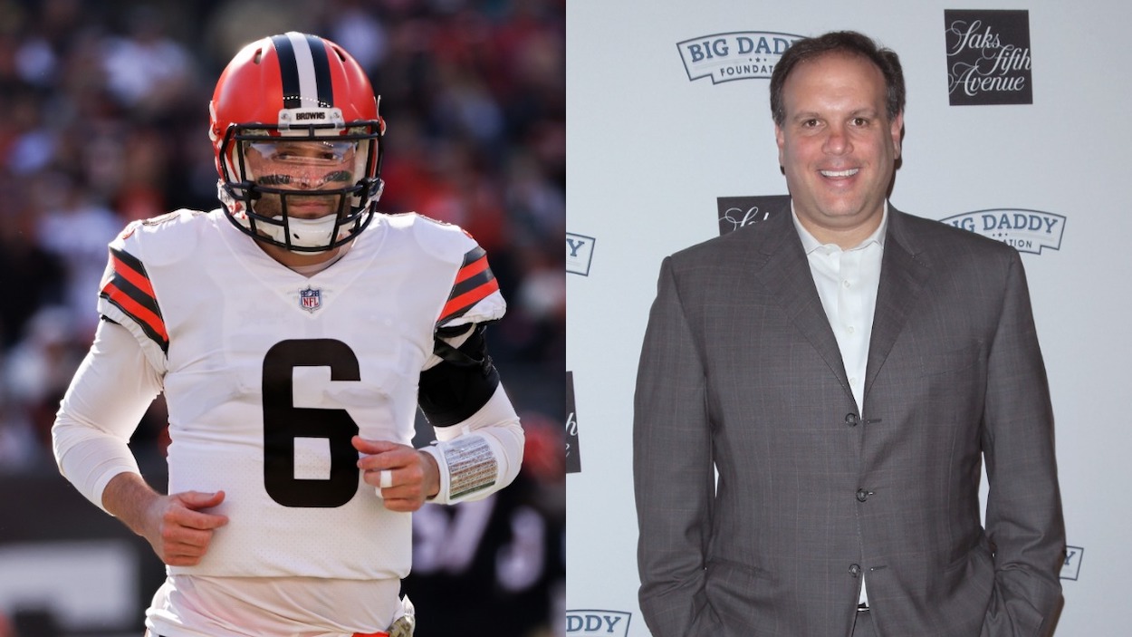 (L-R) Baker Mayfield of the Cleveland Browns jogs across the field in the second quarter against the Cincinnati Bengals at Paul Brown Stadium on November 07, 2021 in Cincinnati, Ohio; Former New York Jets general manager Mike Tannenbaum attends 2014 Fashion Meets Football at Saks Fifth Avenue on January 29, 2014 in New York City.