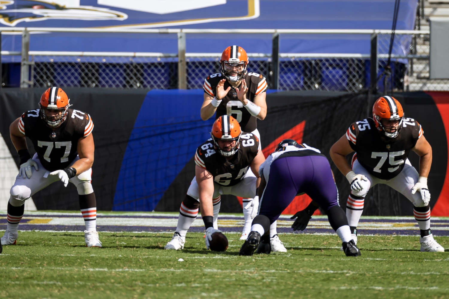 Cleveland Browns quarterback Baker Mayfield prepares to take a snap during a game against the Baltimore Ravens.