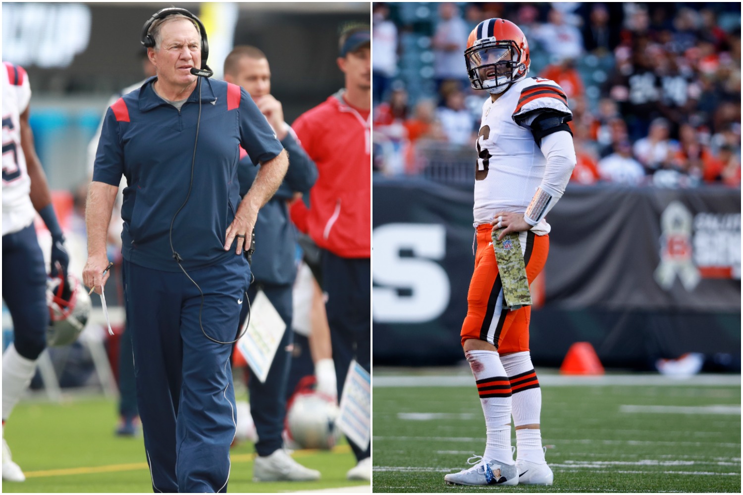 New England Patriots head coach Bill Belichick watches his team play while Cleveland Browns QB Baker Mayfield looks up during a game.
