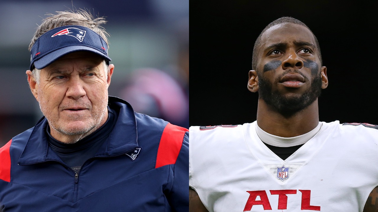 Patriots coach Bill Belichick on the sideline; Falcons tight end Kyle Pitts looks on during a game