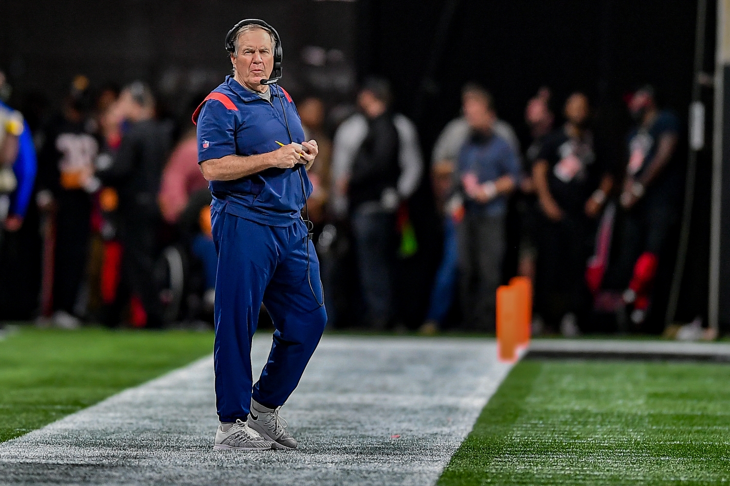 Bill Belichick looks on from the sidelines during a game between the New England Patriots and the Atlanta Falcons.