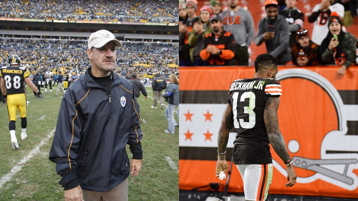 (L-R) Head Coach Bill Cowher leave the field after a game against the Jacksonville Jaguars on October 16, 2005 at Heinz Field in Pittsburgh, Pennsylvania; Odell Beckham Jr. of the Cleveland Browns walks off the field after the 37-14 loss against the Arizona Cardinals at FirstEnergy Stadium on October 17, 2021 in Cleveland, Ohio.