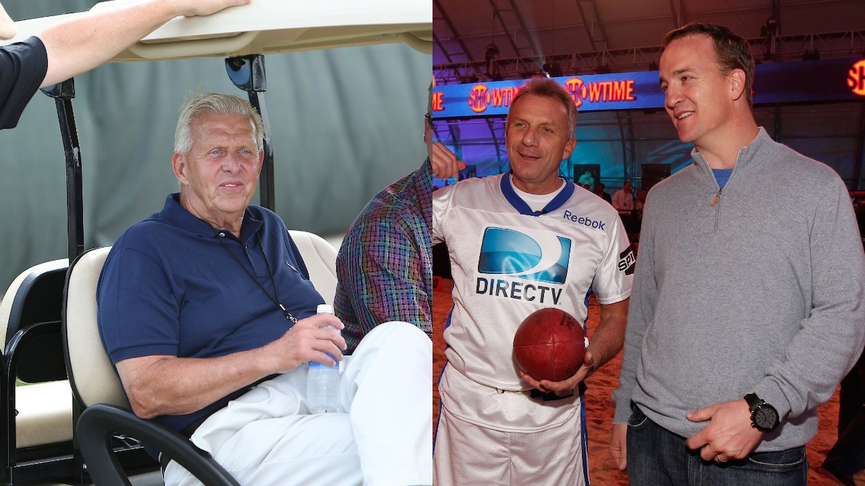 (L-R) Pro Football Hall of Famer Bill Parcells during a Marlins spring training workout at Roger Dean Stadium in Jupiter, Fla., on Thursday, Feb. 20, 2014; Former NFL players Joe Montana and Peyton Manning of the attend DIRECTV's Sixth Annual Celebrity Beach Bowl Game at Victory Field on February 4, 2012 in Indianapolis, Indiana.