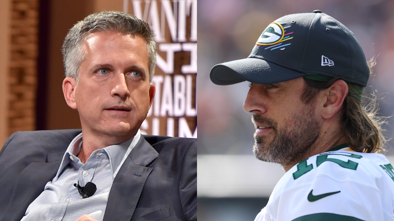 Bill Simmons speaks on a panel; Packers QB Aaron Rodgers looks on during a game