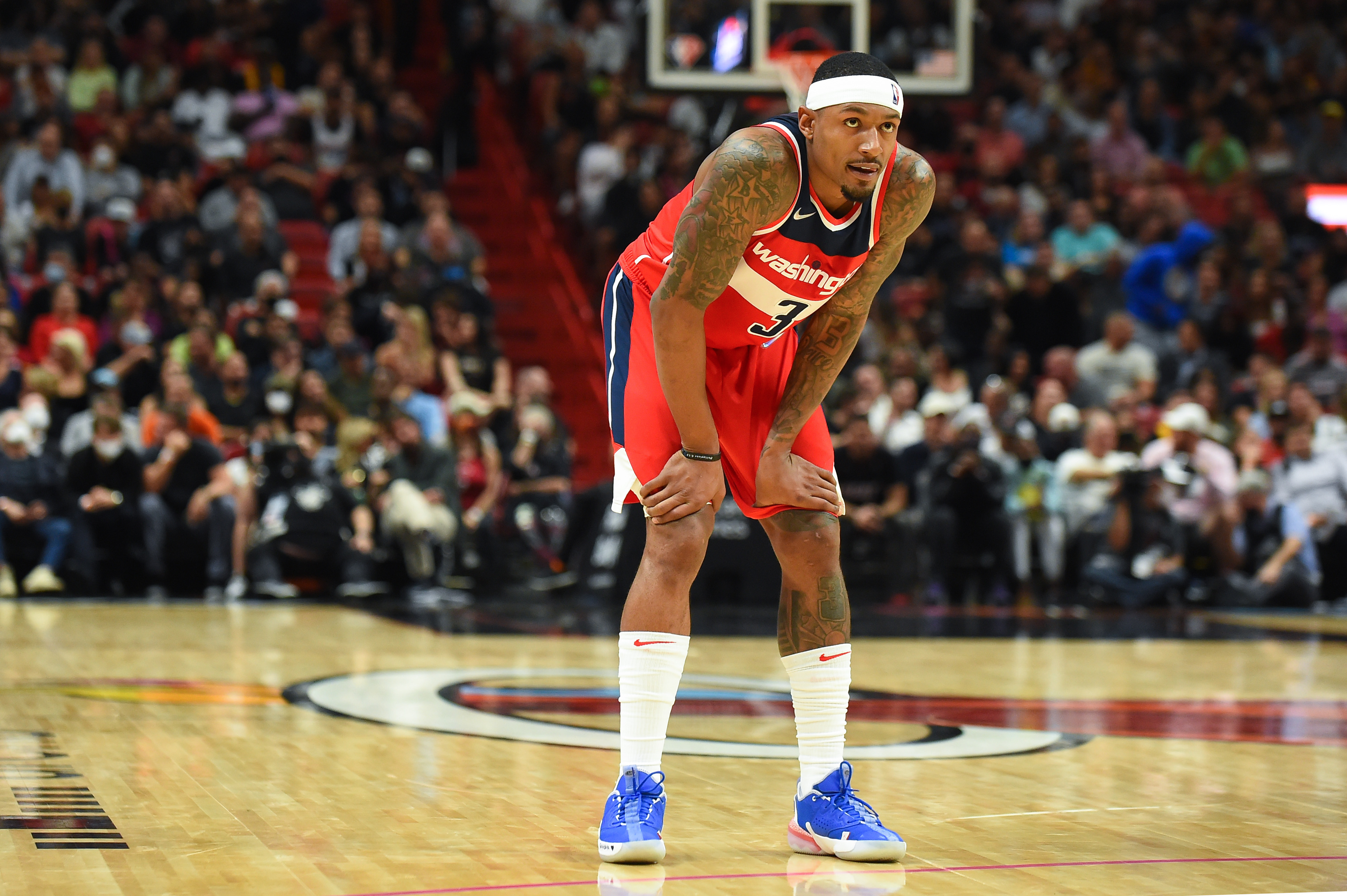 Washington Wizards star Bradley Beal looks on during a game against the Miami Heat