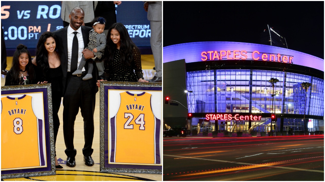 L-R: Vanessa Bryant, Kobe Bryant and their children at Kobe's Lakers jersey retirement in 2017; the exterior of the Staples Center in LA