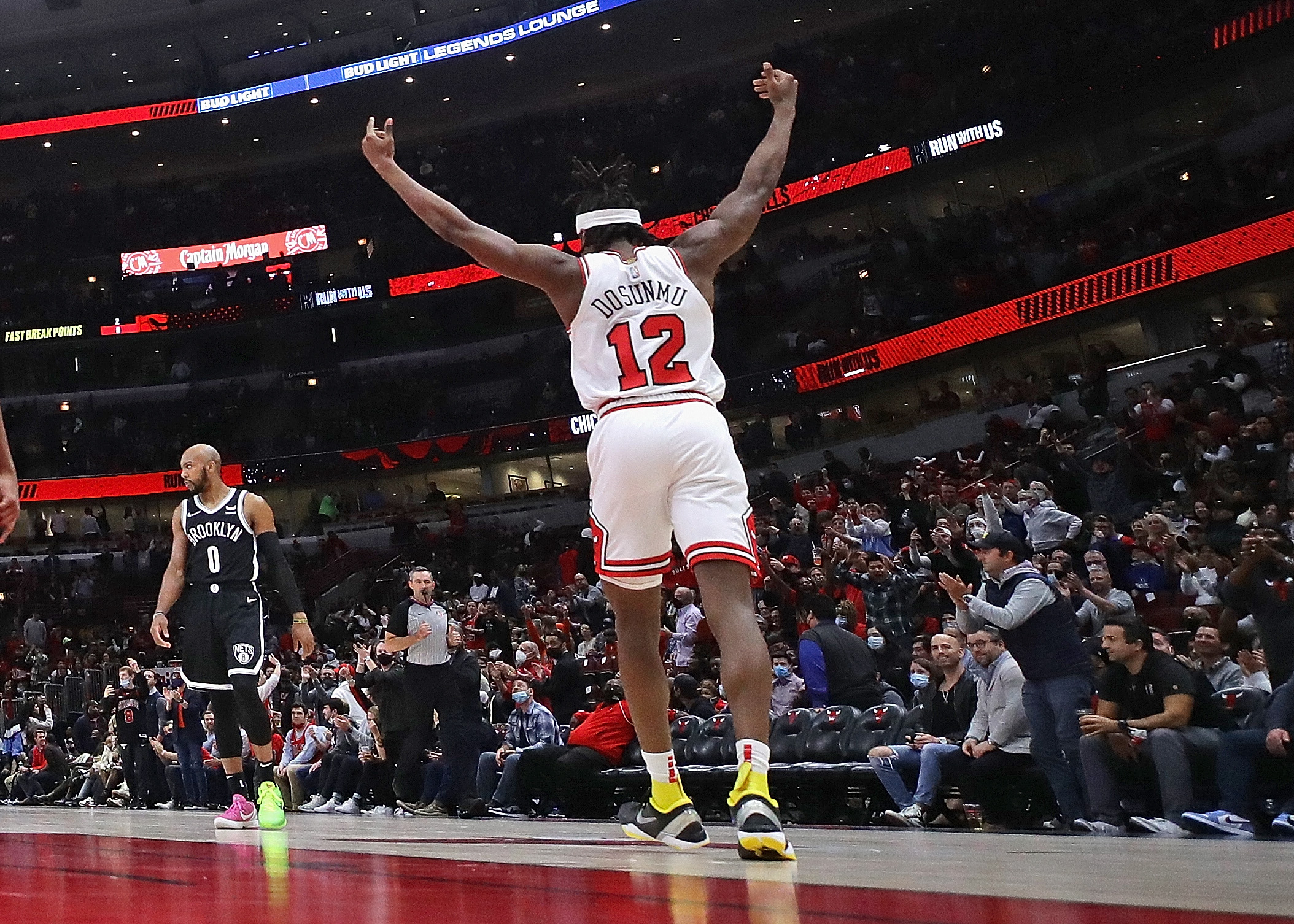 Chicago Bulls rookie Ayo Dosunmu celebrates during a win over the Brooklyn Nets