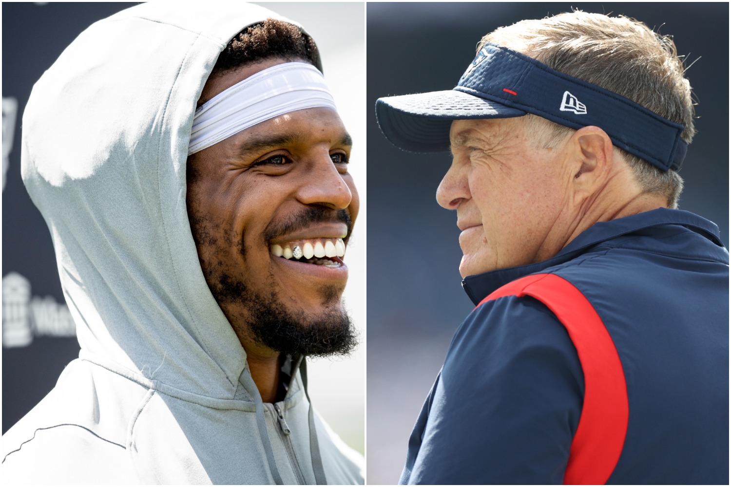 Cam Newton smiles while talking with reporters as New England Patriots head coach Bill Belichick looks on during a game.