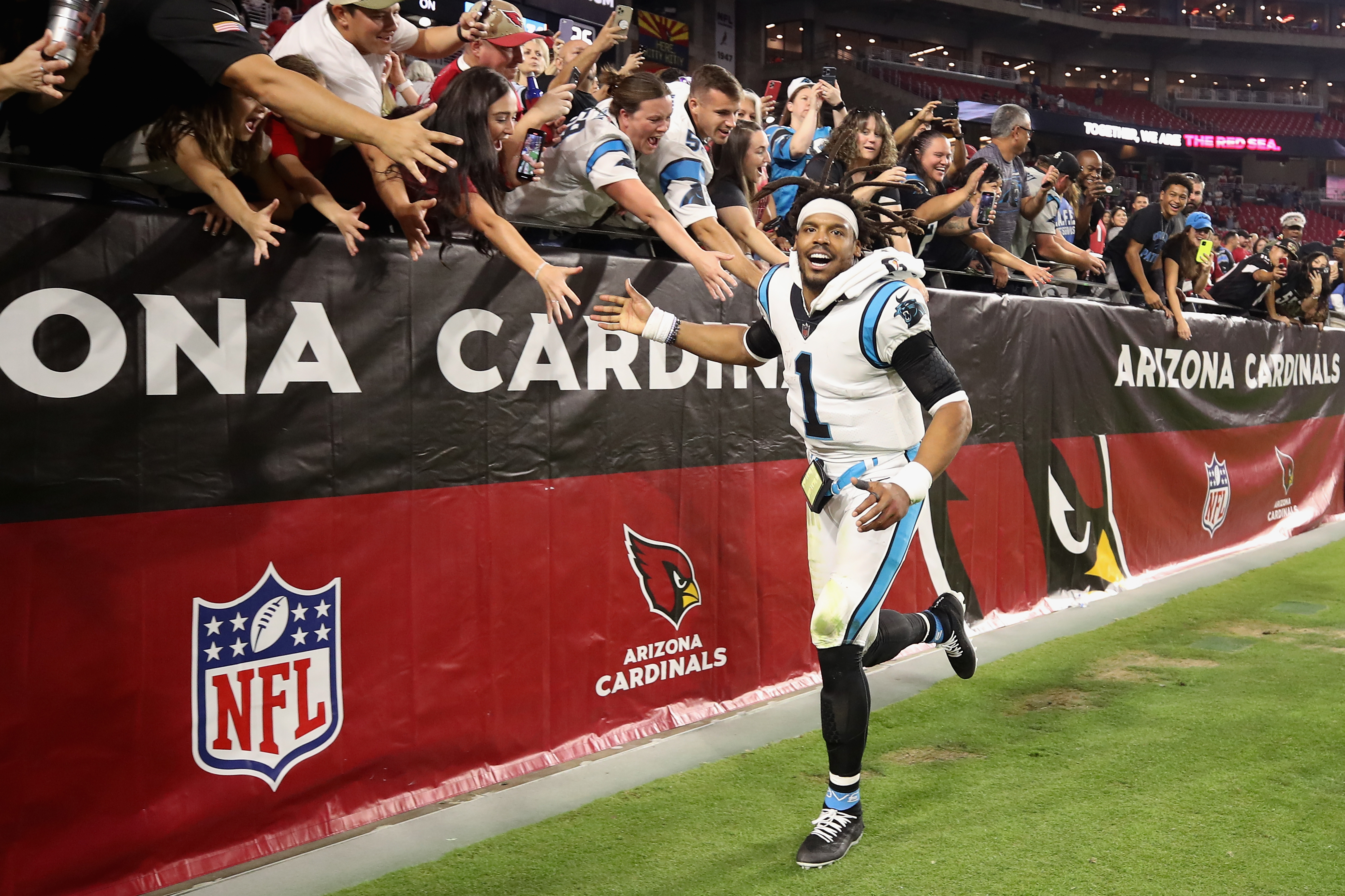 Panthers QB Cam Newton celebrating with fans