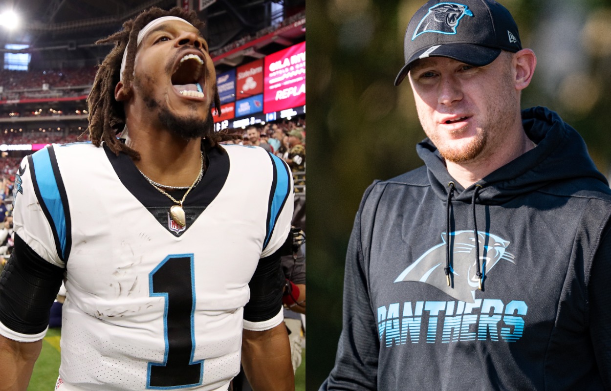 Carolina Panthers quarterback Cam Newton (L) and offensive coordinator Joe Brady in 2021.