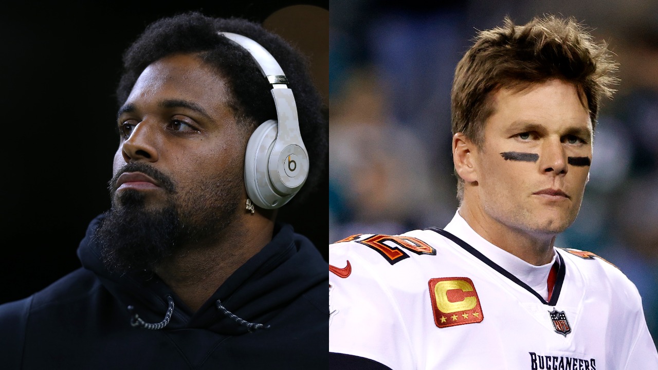 Saints defensive end Cameron Jordan looks on before a game; Buccaneers QB Tom Brady looks on before a game