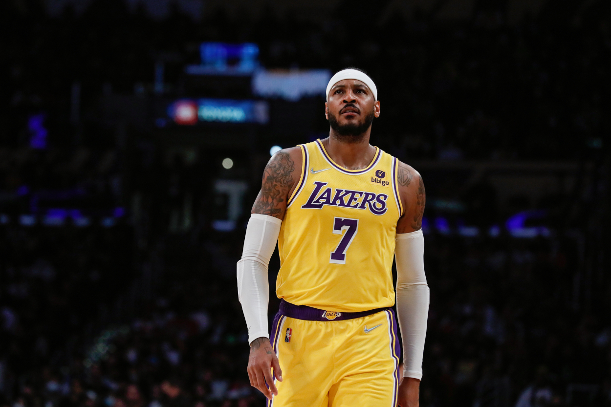 Los Angeles Lakers star Carmelo Anthony during a game against the Rockets in 2021.