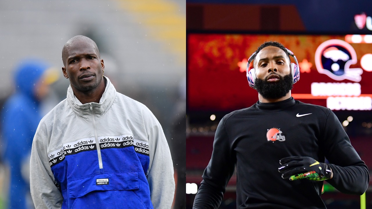 Former NFL WR Chad Johnson on the sideline during a game; Browns WR Odell Beckham Jr warms up before a game