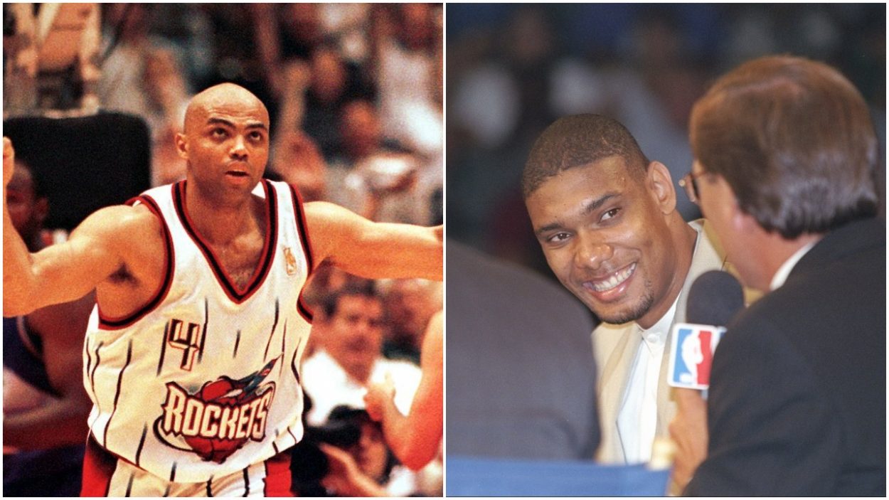 L-R: Charles Barkley celebrates during a 1997 NBA Playoff game and Tim Duncan at the 1997 NBA Draft