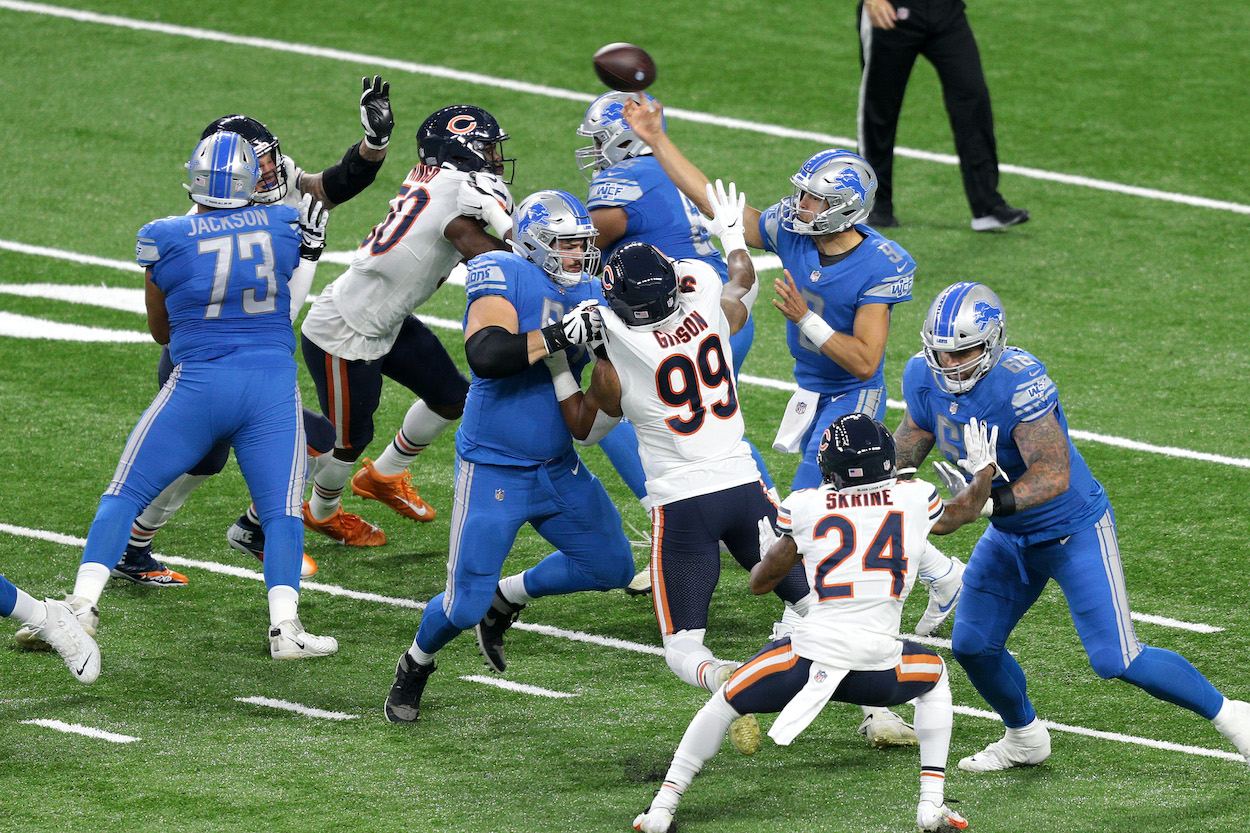 Detroit Lions quarterback Matthew Stafford throws a pass during the first half of an NFL football game against the Chicago Bears in Detroit, Michigan USA, on Thursday, September 13, 2020. The two teams face-off next in the early Thanksgiving Day game in 2021.