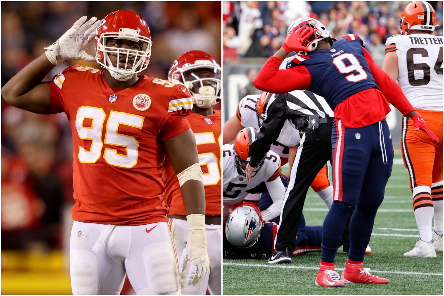 Kansas City Chiefs DL Chris Jones signals to the crowd as New England Patriots outside linebacker Matthew Judon celebrates recording a sack against the Cleveland Browns.