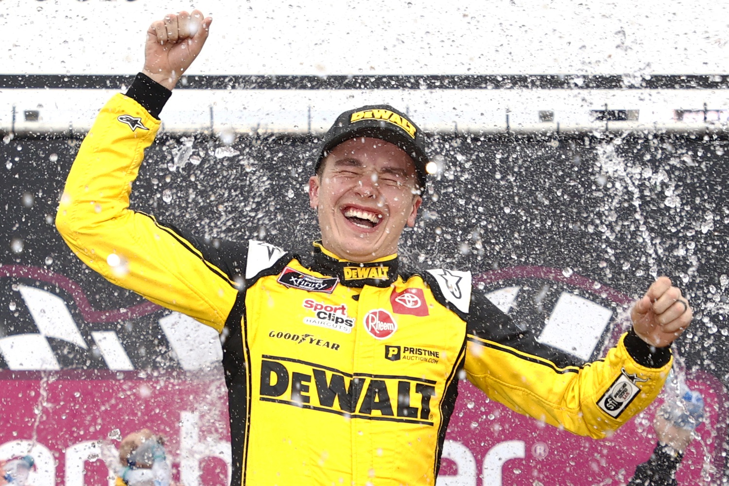 Christopher Bell celebrates in victory lane after winning the NASCAR Xfinity Series Ambetter Get Vaccinated 200 at New Hampshire Motor Speedway on July 17, 2021 in Loudon, New Hampshire.