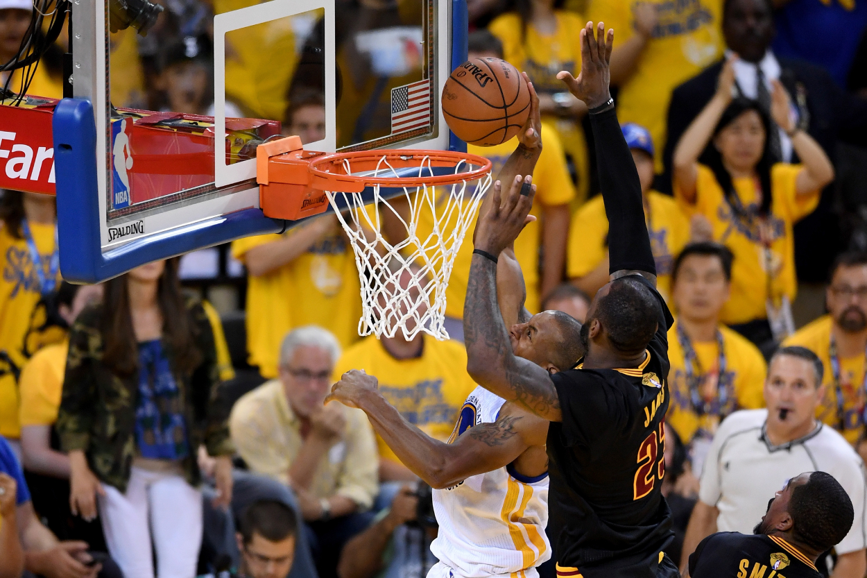 LeBron James blocking Andre Iguodala's shot in Game 7 of the 2016 NBA Finals between the Cleveland Cavaliers and Golden State Warriors.