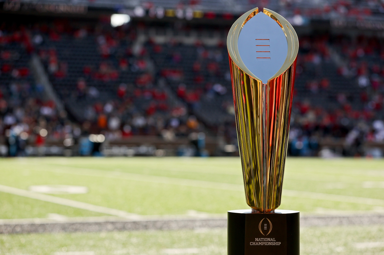 The College Football Playoff national championship trophy in Cincinnati in 2021.