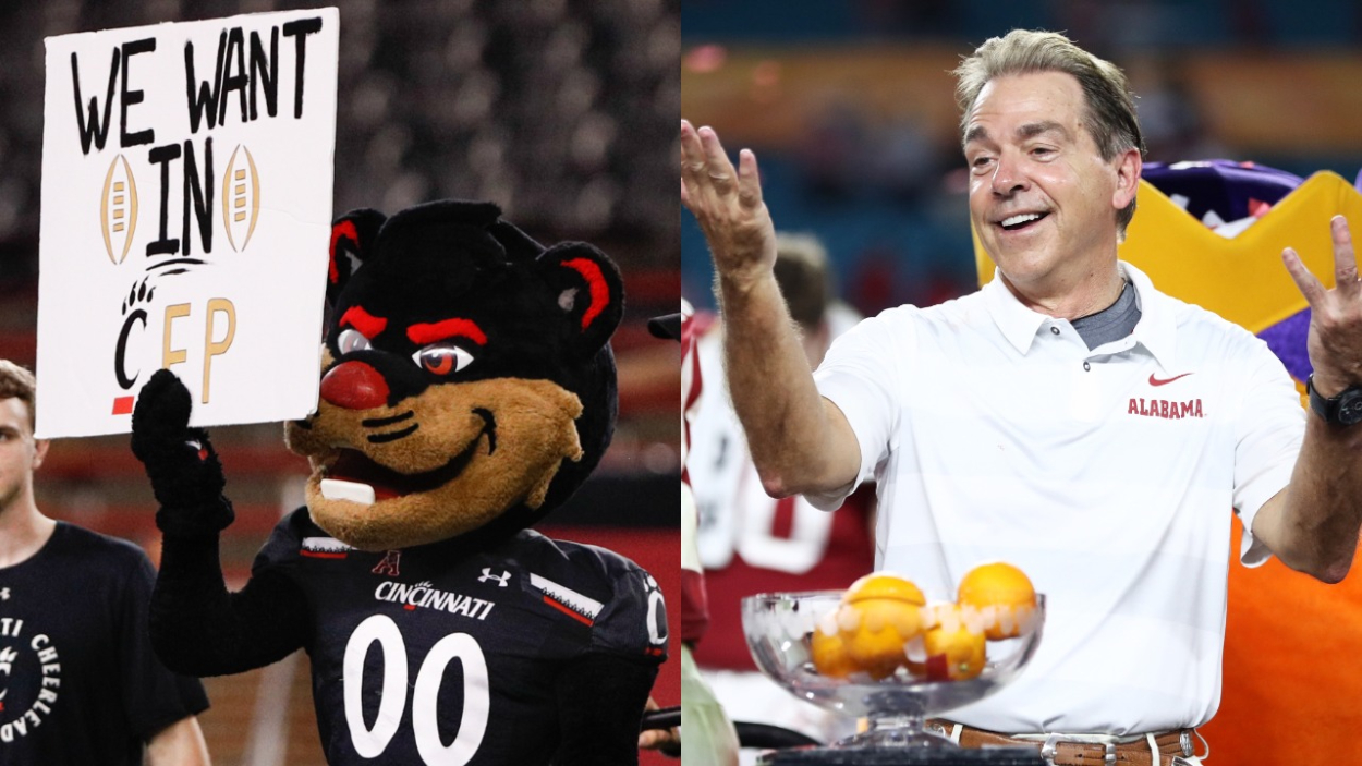 The Cincinnati Bearcats' mascot and Alabama head coach Nick Saban. Both the Bearcats and Crimson Tide hope to be in the College Football Playoff at the end of the year.